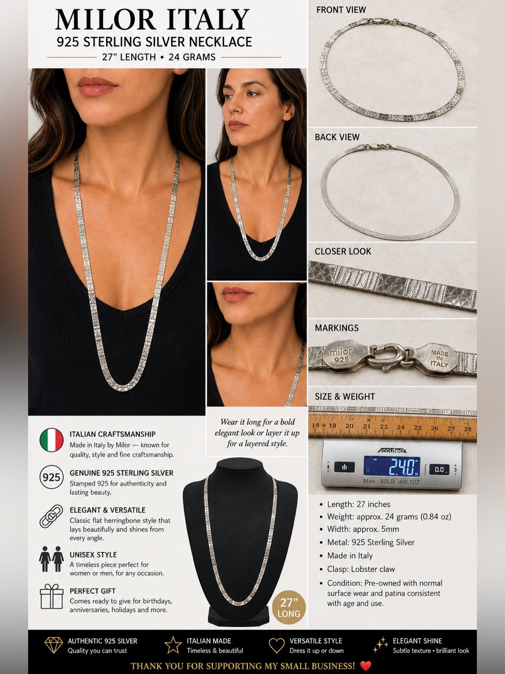 Milor Italy 925 Sterling Silver Herringbone Snake Chain Necklace 27" 24g